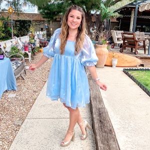 Shimmering Light Blue Babydoll Puff Sleeve Dress